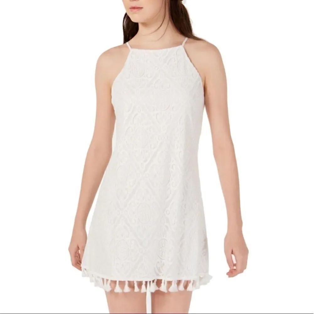 Speechless Juniors' Allover-Lace Tassel-Hem Dress
